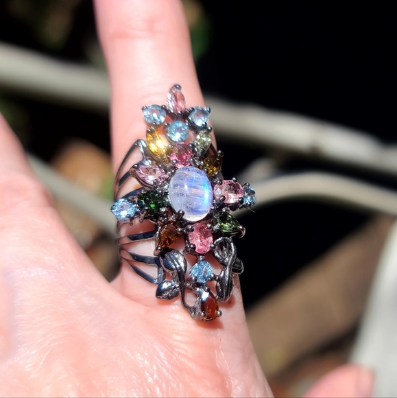 STUNNING NEW Moonstone Milti-Gem Ornate Sterling Finger cuff sz8.5 - Picture 7 of 8